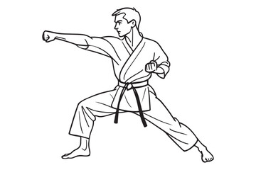 Line art of a martial artist in a powerful stance, striking with confidence, showcasing strength and discipline in a minimalist design.