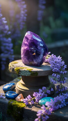 Amethyst crystal healing stone with lavender flowers for meditation and spiritual wellness practice nature scene