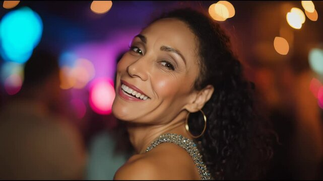 Smiling happy attractive mature woman flirting at a night club looking at the camera	