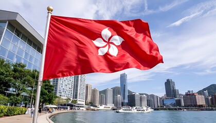 Hong Kong flag waving in front of skyline by waterfront on sunny day  