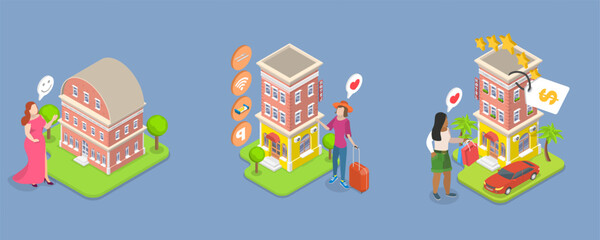 3D Isometric Flat Vector Illustration of Planning Trip, Journey or Tour, Holiday Accommodation