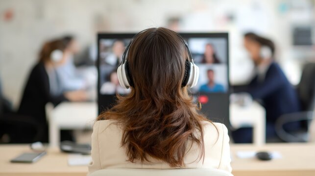 A professional woman engages in a video conference while wearing headphones, surrounded by a collaborative office space.