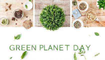 Green Planet Day celebration with herbs, spices, and greenery displayed  