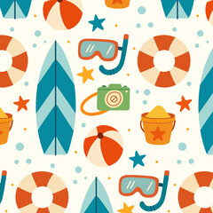 Pattern of summer beach set. Flat hand drawn illustration. Surfing, ball, sand, lifebuoy, camera, sand. Perfect for packaging, textiles, backgrounds, cards, prints.