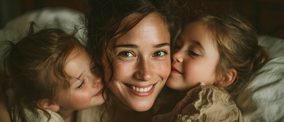 A woman is hugging two young girls