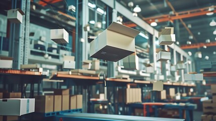 Fototapeta premium Cardboard boxes floating in a warehouse.