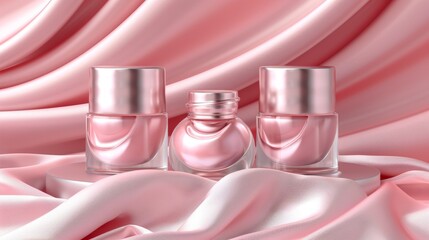Laboratory podium display featuring glass flask and scientific skincare background materials
