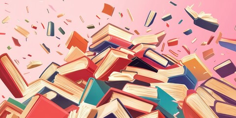 A chaotic explosion of colorful books in flight