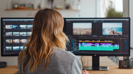 A woman editing videos on a dual monitor setup in a modern workspace, focused on her creative process.