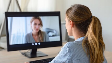 A woman engaging in a video call, focused on virtual communication with colleague from her home office.