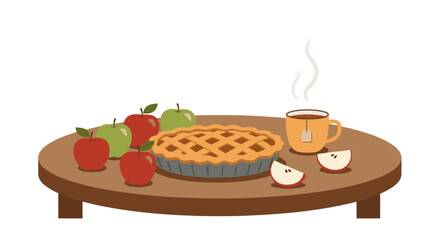 Delicious apple pie with red and green apples and cup of tea on table with transparent background