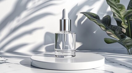 Scientific skincare display  laboratory podium with glass flask and cosmetic background design