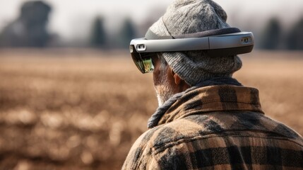 An elderly man wearing augmented reality glasses stands in a field, embracing technology in rural life.