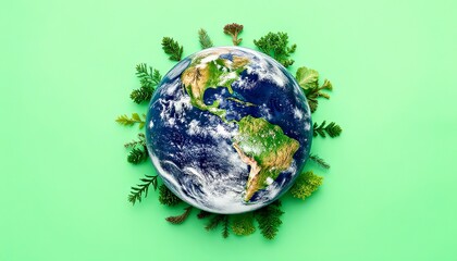 Earth globe surrounded by green leaves on a bright background  