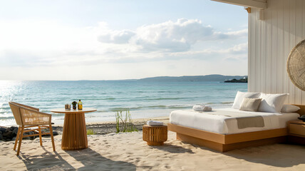 Beachfront luxury resort with bed and ocean view for vacation and relaxation destination travel getaway