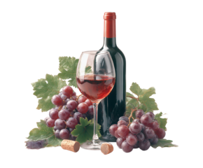 Red Wine Bottle and Glass Still Life with Purple Grapes and Leaves on on transparent background