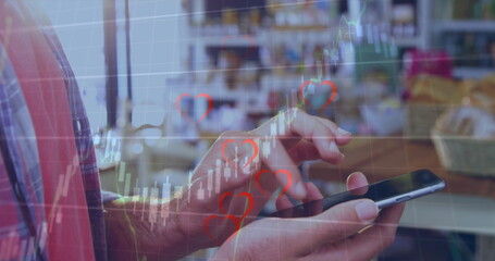 Man in flannel shirt scrolling smartphone in supermarket, showing heart icons, candlestick charts