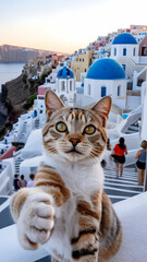 Cute cat in santorini greece travel photography of oia village with blue domes and white architecture view