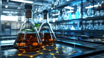 3d render of a laboratory podium display featuring glass flask and scientific skincare materials