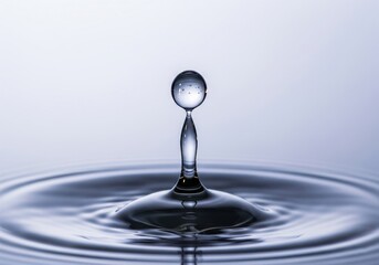 Liquid Drop Rebound and Ripple Rings. Single water sphere rises from a calm surface, generating concentric circlets. Represents tranquility, natural grace, and the constant flow of life.