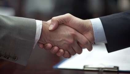 Close-up of business handshake.  Two men in suits shake hands.  Focus on hands.  Blurred background suggests a meeting