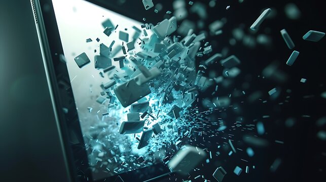 Digital fragmentation explodes from a tablet screen.