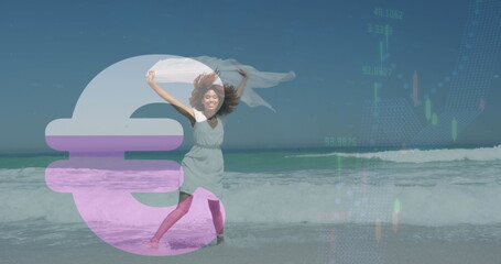 Standing woman in sundress holding scarf fluttering above at beach, with euro symbol and charts