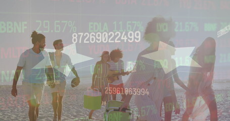 Obraz premium Walking friends carrying coolers and guitar on sandy beach at sunset, with financial overlays