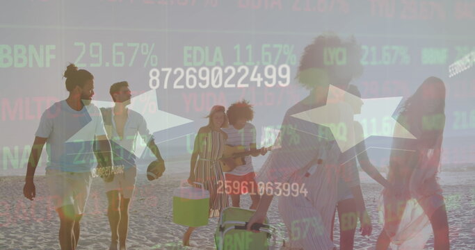 Walking friends carrying coolers and guitar on sandy beach at sunset, with financial overlays - Powered by Adobe