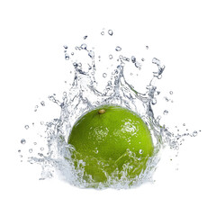 lime and water splash, bright green lime slice hits the water, isolated on transparent background