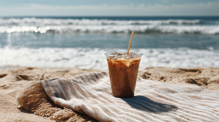 Iced Coffee in a Transparent Cup with Ice, Set Against a Beautiful Beach Landscape under a Clear Blue Sky