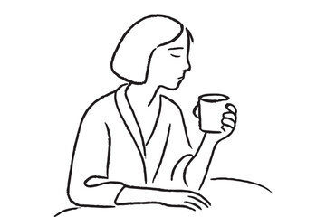 Obraz premium Simple illustration of a woman with a cup, taking a quiet moment to enjoy a drink, reflecting peaceful solitude.