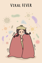 Woman with High Fever and Pathogens Around – Medical Vector for Flu, Cold, or Viral Infection Concepts