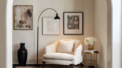Stylish interior corner with an elegant chair, modern lamp, and artistic decor for a cozy atmosphere.