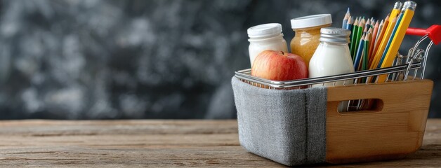 Back-to-school supplies in a shopping cart on a blackboard background, perfect for educational themes and promotions