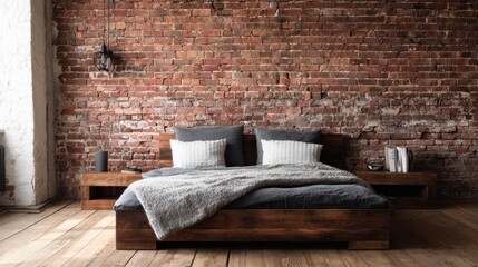 Naklejka premium Stylish wooden bed with cozy bedding against a rustic brick wall in a modern bedroom setting.