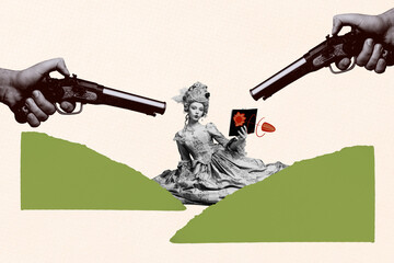 Trend artwork banner 3D photo collage of young lady dress aristocrac sit hold book read vintage...