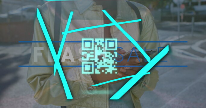 Holding smartphone walker wearing leather jacket, backpack on crosswalk, with FINANCE QR code lines