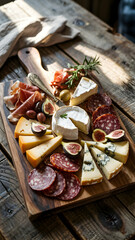 Delicious cheese board platter with brie cheddar salami figs and olives on wooden table top gourmet food