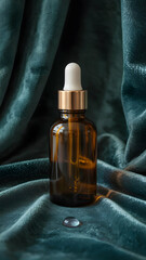 Amber glass dropper bottle mockup on velvet background for serum oil skincare product ml