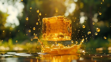 Golden cube in mid-air with splashes of liquid.