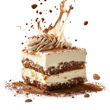 Liquid milk spills over tiramisu, stream of milk spills over a slice of tiramisu, isolated on transparent background