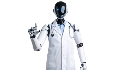 A robot doctor with niddle isolated on transparent background. Png
