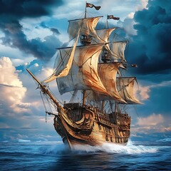 Sunset sky casting glow wooden pirate ship ocean journey nostalgic epic marine sailing odyssey image
