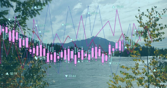 Fototapeta Overlaying peak rising over lakeshore with pink candlesticks magenta blue lines teal data markers