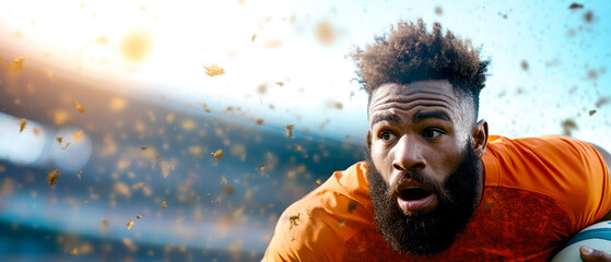 A focused rugby player in an orange jersey prepares to pass the ball amid flying dirt and intense stadium lighting.