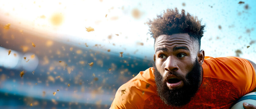 A focused rugby player in an orange jersey prepares to pass the ball amid flying dirt and intense stadium lighting.