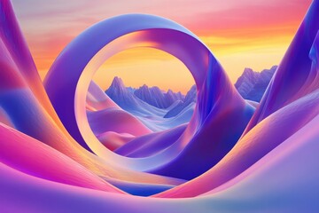 Colorful abstract landscape with a ringed portal