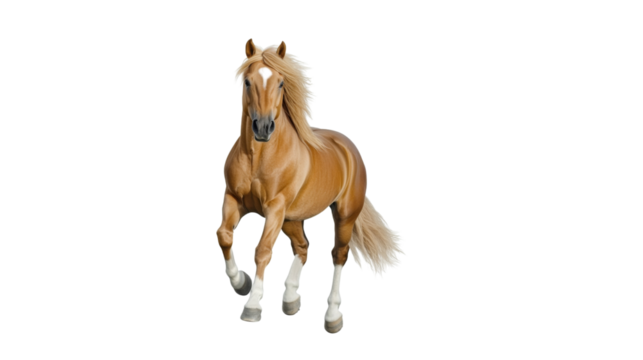 Palomino horse galloping with flowing mane on transparent background