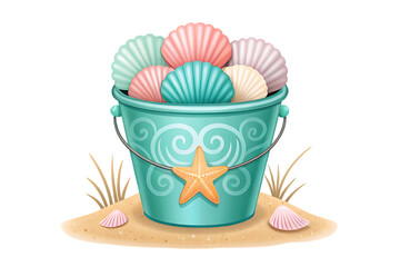 Teal bucket of pastel seashells and starfish isolated on transparent background